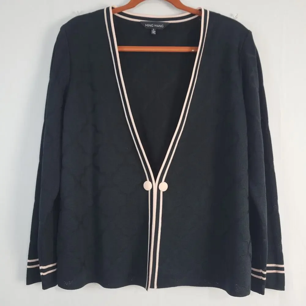 Ming Wang Double Striped Hem Cardigan women's size L Black Pink Preppy Old Money